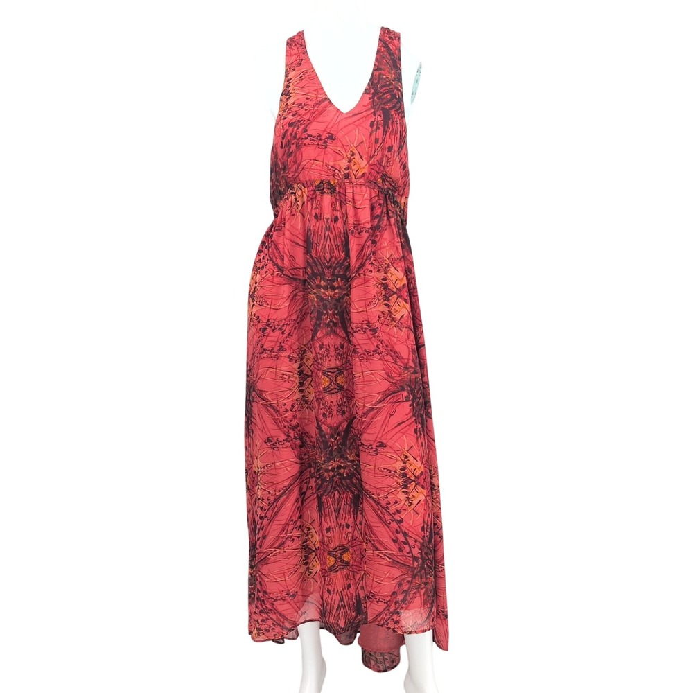 Hinge Floral Silk Maxi Dress Abstract Empire Waist Boho Artsy Flowy Resort Small